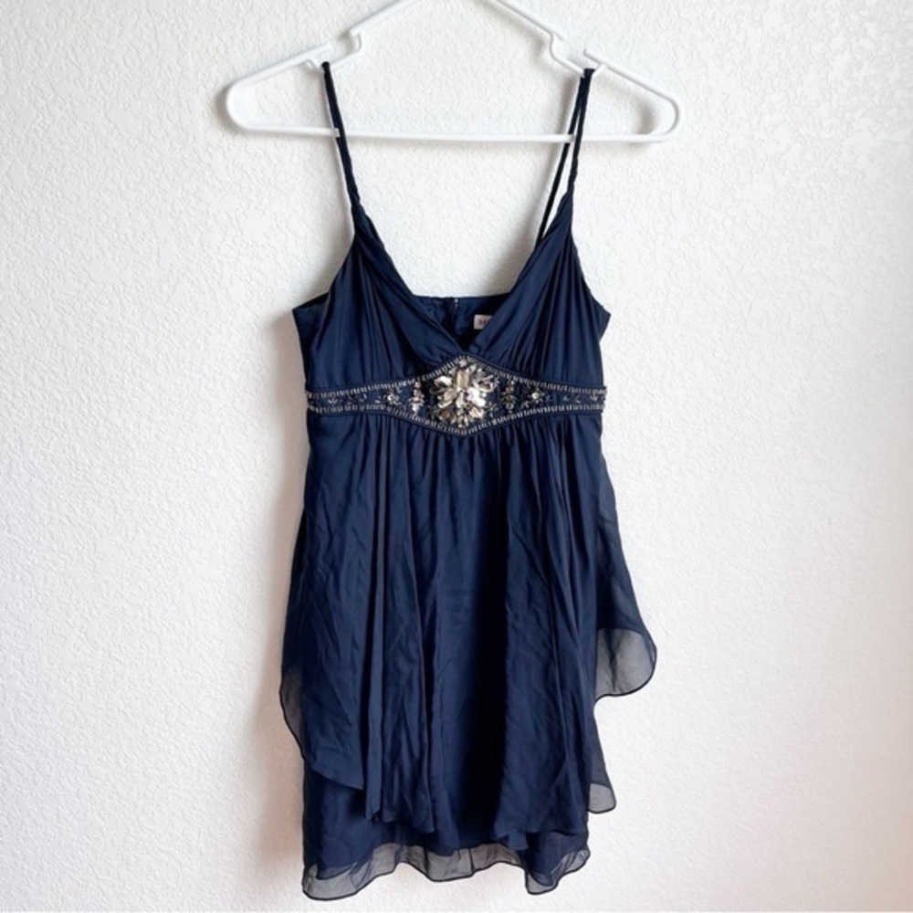 Rebecca Taylor mini dress navy 100% silk with beaded detail size 2